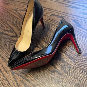 Christian Louboutin Black Patent Pointed-Toe Stiletto Pumps with Red Soles